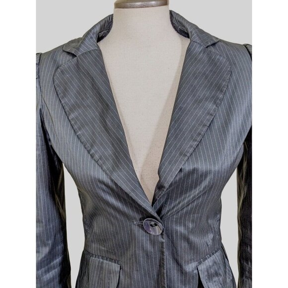 H&M One Button Blazer Womens 6 Gray Shiny Jacket Pinstripe Puff Sleeve Pockets - Picture 2 of 10
